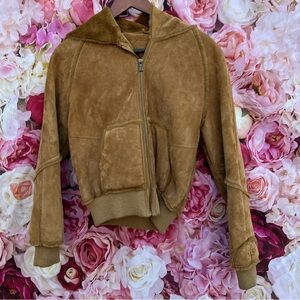 UGG Tan Suede Leather Faux Fur Lined Bomber Jacket